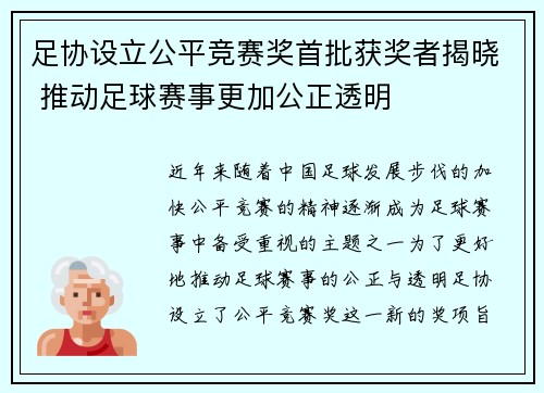 足协设立公平竞赛奖首批获奖者揭晓 推动足球赛事更加公正透明 足协设立公平竞赛奖首批获奖者揭晓 推动足球赛事更加公正透明