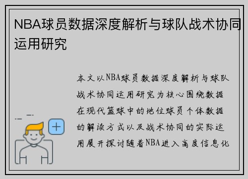 NBA球员数据深度解析与球队战术协同运用研究