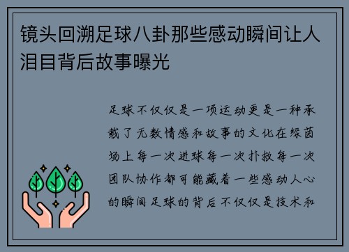 镜头回溯足球八卦那些感动瞬间让人泪目背后故事曝光 镜头回溯足球八卦那些感动瞬间让人泪目背后故事曝光