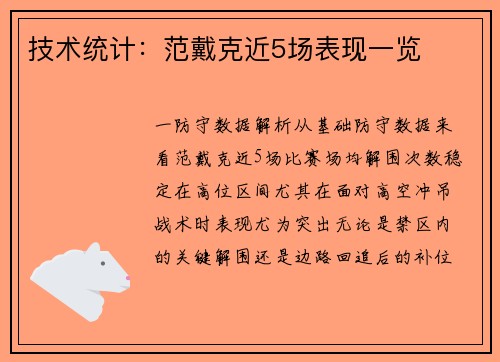 技术统计：范戴克近5场表现一览
